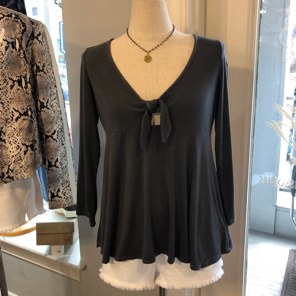 Dark Gray Long Sleeve Flowy Tee with Tie in Front